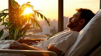 Young Caucasian man relaxing on couch at sunset, sunlight streaming through window and houseplant, peaceful home atmosphere in warm golden light.