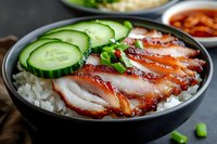 Sliced char siu pork belly served on steamed white rice with fresh cucumber and green onions in black ceramic bowl, traditional Asian cuisine.