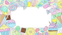 Colorful candy and sweets frame border with cupcakes, lollipops, donuts and chocolates on white background for dessert menu design and party invitations.