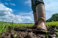 Muddy rubber boots on farmland soil against dramatic blue sky with white clouds. Low angle view captures agriculture worker standing in fertile ground.