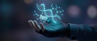 Scientist hand holding glowing DNA helix with molecular structure, representing genetic research, biotechnology, and scientific innovation in healthcare and medicine.