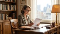 Middle-aged Caucasian businesswoman with glasses reading documents at wooden desk in home office with bookshelf and city view window background.