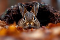 Curious wild rabbit peeking through autumn leaves and soil in garden setting, close-up portrait with selective focus on expressive face and alert ears.