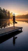 Woman practicing yoga tree pose on wooden dock at sunrise over calm lake with forest reflection creating peaceful meditation scene for wellness and mindfulness.