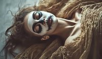 Young woman with dramatic dark makeup and closed eyes lying on textured wood surface in mystical atmospheric lighting, creating ethereal artistic portrait.