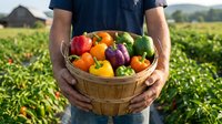 Farmer holding wooden basket filled with fresh colorful bell peppers in field, showcasing organic harvest and agricultural produce for farming, gardening, and food industry use.