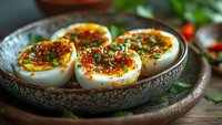 Halved boiled eggs garnished with chili oil, red pepper flakes and fresh herbs served on rustic ceramic plate. Close up view with selective focus.