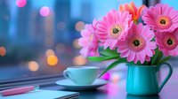 Pink gerbera daisies in turquoise vase with coffee cup on table against bokeh lights background for home decor and lifestyle concepts.