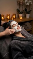 Young woman enjoying relaxing facial mask treatment at luxury spa with candles and orchids creating peaceful wellness atmosphere for skincare routine.