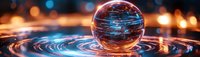 Crystal glass sphere reflecting light trails and bokeh on metallic surface with circular ripple pattern creates futuristic composition in orange and blue tones.