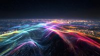 Vibrant digital waves of colorful light flow across night cityscape, creating abstract data visualization landscape for technology and connectivity concepts.