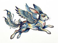 Ornate decorative rabbit with intricate peacock feather patterns, gold and blue embellishments isolated on transparent background. Ready for t-shirt design, clipart, stickers, sublimation and print-on-demand projects.