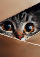 Curious cat peeking through torn paper hole, extreme close up of feline amber eyes and nose, striped fur visible in dramatic macro photography composition.