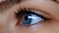 Close-up of woman's blue eye with long dark eyelashes and natural makeup showing detailed iris patterns and eyebrow for beauty and cosmetic concepts.