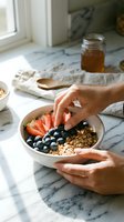Woman hands holding healthy breakfast bowl with fresh strawberries, blueberries and granola on marble kitchen counter for nutritious morning meal.
