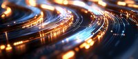 Glowing curved lines of blue and orange light create dynamic motion trails against dark background, showcasing speed and technology concept for business designs.