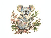 Koala sitting on branch with eucalyptus leaves and floral elements, isolated on white background. Suitable for children's designs, apparel, and decorative projects.
