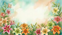 Watercolor lily flowers frame with soft pastel background creating elegant border for wedding invitations, greeting cards and spring design projects.