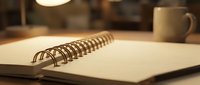 Open spiral notebook with blank lined pages on wooden desk beside coffee mug in warm cozy workspace for writing planning and creative projects.