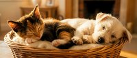 Adorable kitten and puppy sleeping peacefully together in wicker basket, showcasing friendship between cat and dog in cozy home setting for pet care content.