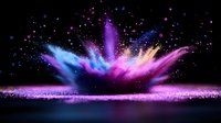 Colorful powder explosion against dark background with purple, blue and pink particles creating magical dust cloud effect with reflection on surface.
