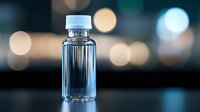 Clear plastic bottle with pure water on dark background with soft bokeh lights creating minimalist composition for wellness and hydration concepts.