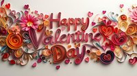 Romantic paper art greeting with swirling quilled elements, hearts and floral designs in pink, red and gold tones creating festive Valentine's Day typography.