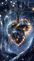 Mystical glowing heart shape formed by luminous golden threads against cosmic blue background with sparkling lights and ethereal swirls for fantasy art designs.
