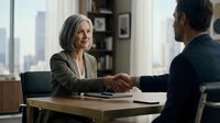 Professional mature Caucasian businesswoman shaking hands with male colleague across office desk during corporate meeting in modern workplace.