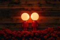 Surreal glowing figures with light bulb heads standing among red flowers against dark wooden background, creating mysterious atmospheric scene at dusk.