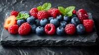 Fresh ripe raspberries and blueberries with mint leaves arranged on black slate board. Natural lighting emphasizes vibrant colors and texture of berries.