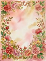 Vintage floral frame with red and pink roses, peonies, and ornamental scrolls on watercolor background. Isolated design element for invitations, cards, and decorative projects.