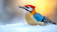 Red-bellied woodpecker with vibrant blue, red and cream feathers perched in fresh white snow against soft golden bokeh background during winter season.