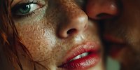 Close-up portrait of young woman with freckles and green eyes wearing glossy red lipstick. Natural beauty concept for cosmetics and skincare campaigns.