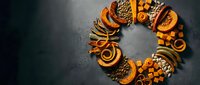 Autumn harvest wreath made from orange pumpkins, gourds, pine cones and seasonal decorations arranged in circle on dark background for fall holidays.