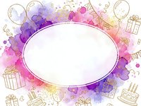 Watercolor birthday party frame with gifts balloons and cake decorations in purple pink tones. Celebration border template for invitations and greeting cards.