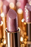 Metallic rose gold lipstick with glitter sparkle texture against blurred bokeh lights background, luxury cosmetic product close-up macro photography.