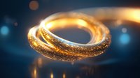 Magical glowing golden rings with sparkles and bokeh effects on dark background, luxury jewelry concept for wedding and engagement designs.
