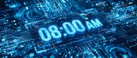 Digital clock display showing 08:00 AM on futuristic blue circuit board with glowing electronic pathways and data streams for technology presentations.