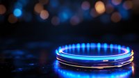Futuristic glowing blue LED ring platform with neon lights and bokeh background for product display and technology presentations.