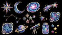 Galaxy space clipart set with stars, moon, planet, telescope, and constellation on transparent background, ready for stickers, t-shirt design, and print on demand.