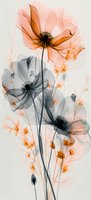 Translucent coral pink and gray flowers in x-ray style composition showing delicate petals and stems against light background. Artistic botanical wall decor.
