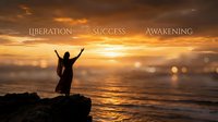 Person silhouette with raised arms celebrating freedom and success at golden sunset over ocean waves, symbolizing achievement and personal growth.