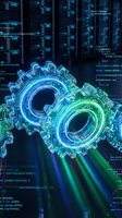 Glowing neon gears with blue and green light effects against dark server room background with digital code and data streams for technology and innovation concepts.
