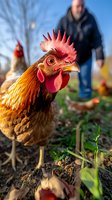 Close-up portrait of brown rooster with bright red comb and wattles in farmyard setting, farmer in background. Natural lighting highlights feather detail.