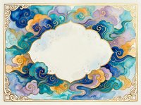 Watercolor oriental clouds in teal, blue, gold and lavender surround an elegant blank frame with golden border for text or design.