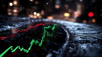 Stock market graph showing green upward and red downward trends on dark textured surface with blurred bokeh lights, representing financial trading and market analysis.