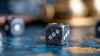 Black speckled gaming dice with white dots on dark textured surface, selective focus creates atmospheric mood for tabletop gaming and entertainment concepts.