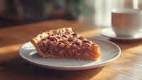 Homemade pecan pie slice on white plate with flaky crust and caramelized filling, served on wooden table with coffee cup in soft natural lighting.
