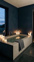 Luxurious modern bathroom with sunken marble bathtub, lit candles, dark walls, and panoramic window overlooking twilight landscape. Spa relaxation and contemporary home design.